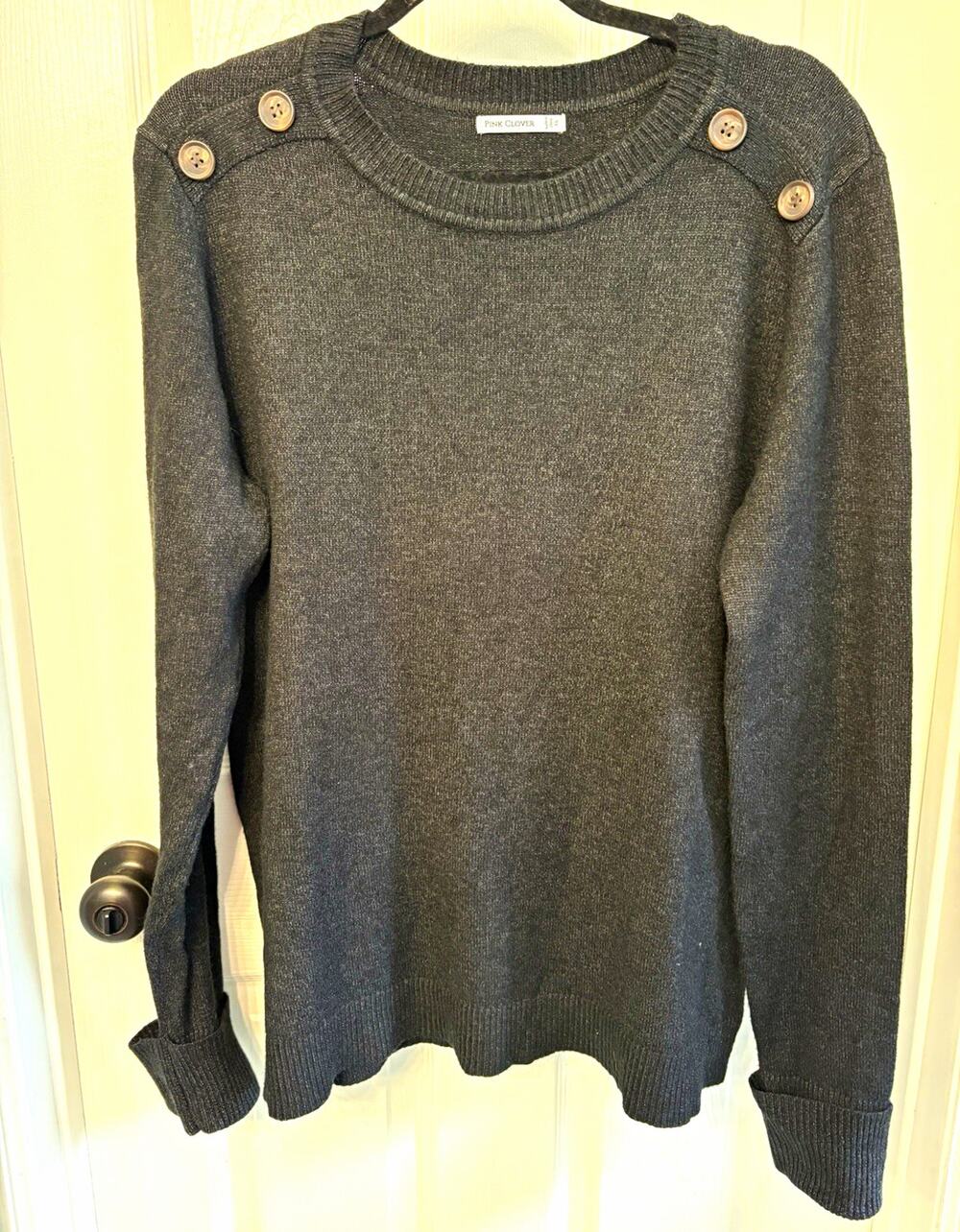 Pink Clover Knit Crew Neck Button Shoulder Gray Oversized Pullover Sweater XL